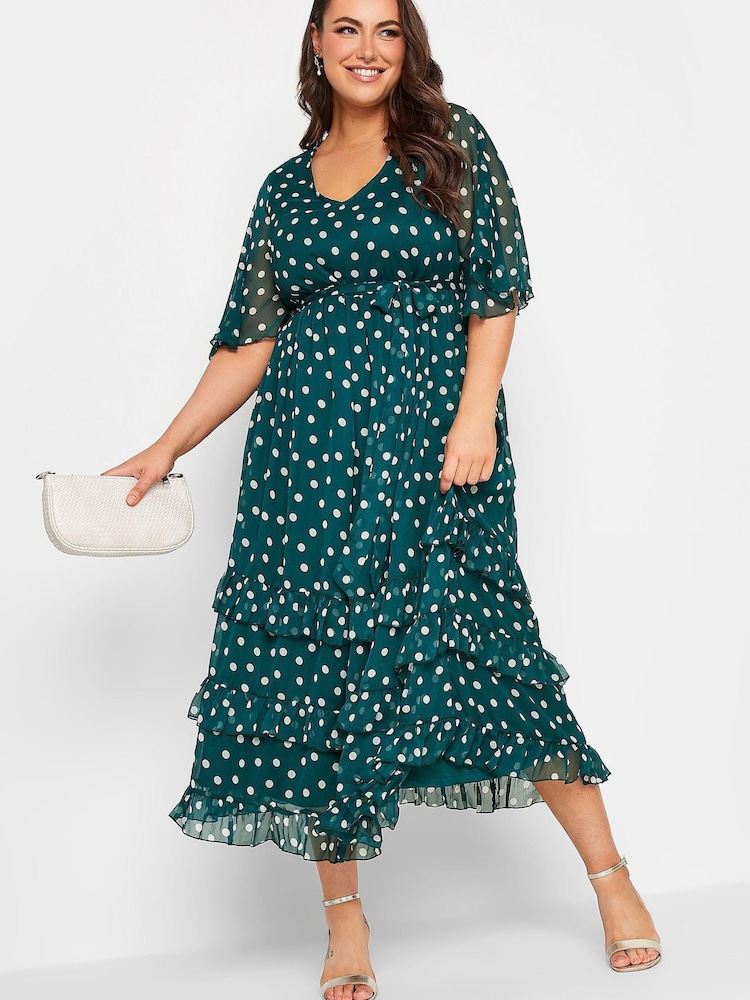 Yours Curve Green London Ruffle V-Neck Dress - Image 1 of 4