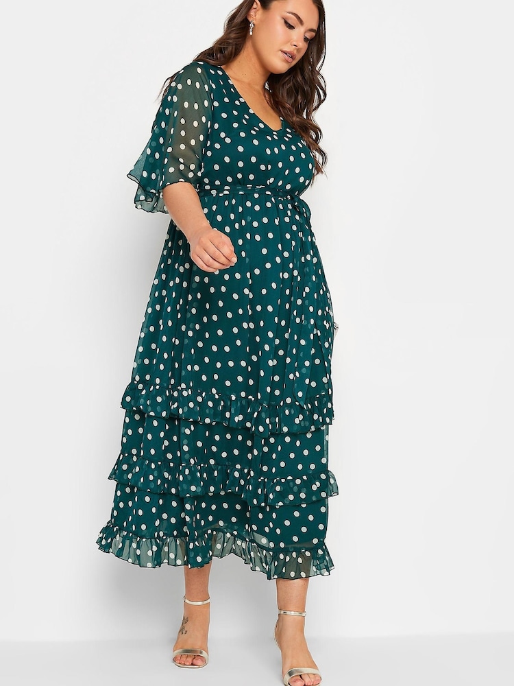 Yours Curve Green London Ruffle V-Neck Dress - Image 2 of 4