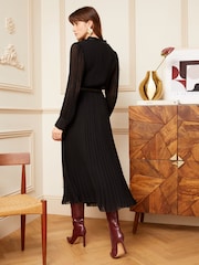 Love & Roses Black PU Trim Pleated Belted Midi Dress - Image 2 of 4
