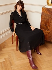 Love & Roses Black PU Trim Pleated Belted Midi Dress - Image 3 of 4