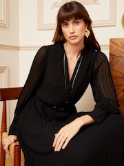 Love & Roses Black PU Trim Pleated Belted Midi Dress - Image 4 of 4