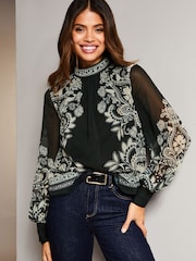 Lipsy Black White Paisley High Neck Long Sleeve Blouse - Image 1 of 4