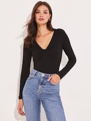 Lipsy Black Twist Front V Neck Long Sleeve Jersey Top - Image 1 of 4