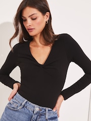Lipsy Black Twist Front V Neck Long Sleeve Jersey Top - Image 4 of 4