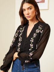 Love & Roses Black Petite Ruffle Trim V Neck Long Sleeve Blouse - Image 1 of 4