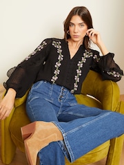 Love & Roses Black Petite Ruffle Trim V Neck Long Sleeve Blouse - Image 2 of 4