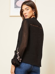 Love & Roses Black Petite Ruffle Trim V Neck Long Sleeve Blouse - Image 3 of 4