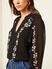 Love & Roses Black Petite Ruffle Trim V Neck Long Sleeve Blouse - Image 4 of 4