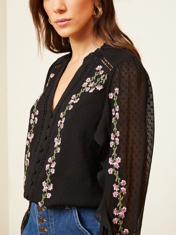 Love & Roses Black Petite Ruffle Trim V Neck Long Sleeve Blouse - Image 4 of 4