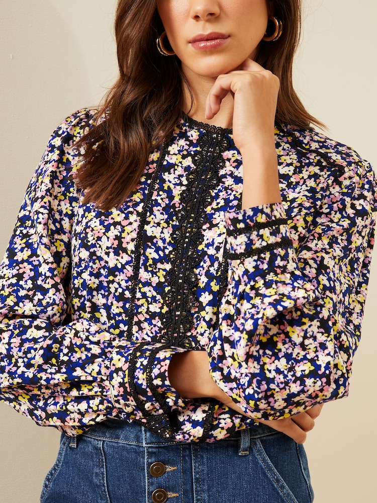 Love & Roses Navy Blue Ditsy Printed Crew Neck Lace Trim Long Sleeve Blouse - Image 2 of 4