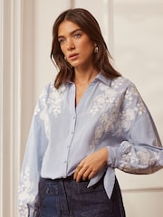 Love & Roses Blue Stripe Embroidery Button Through V Neck Tie Cuff Shirt - Image 1 of 4