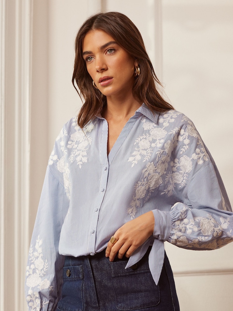 Love & Roses Blue Stripe Embroidery Button Through V Neck Tie Cuff Shirt - Image 1 of 4