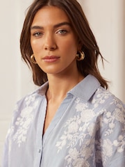 Love & Roses Blue Stripe Embroidery Button Through V Neck Tie Cuff Shirt - Image 2 of 4