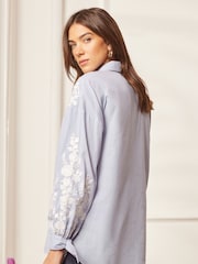 Love & Roses Blue Stripe Embroidery Button Through V Neck Tie Cuff Shirt - Image 3 of 4