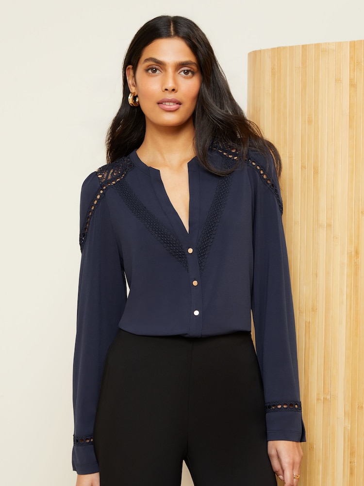 Love & Roses Navy Blue Jersey Lace Trim V Neck Button Through Shirt - Image 1 of 6