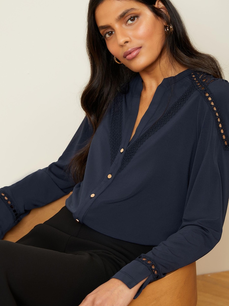 Love & Roses Navy Blue Jersey Lace Trim V Neck Button Through Shirt - Image 2 of 6