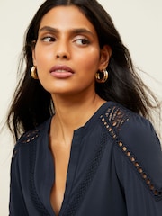 Love & Roses Navy Blue Jersey Lace Trim V Neck Button Through Shirt - Image 3 of 6