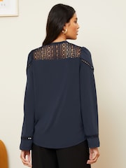Love & Roses Navy Blue Jersey Lace Trim V Neck Button Through Shirt - Image 4 of 6