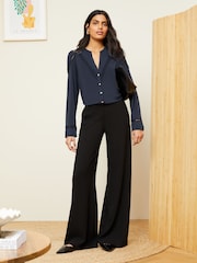 Love & Roses Navy Blue Jersey Lace Trim V Neck Button Through Shirt - Image 5 of 6