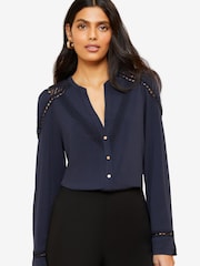 Love & Roses Navy Blue Jersey Lace Trim V Neck Button Through Shirt - Image 6 of 6