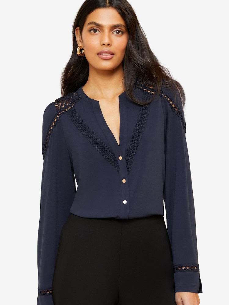 Love & Roses Navy Blue Jersey Lace Trim V Neck Button Through Shirt - Image 6 of 6