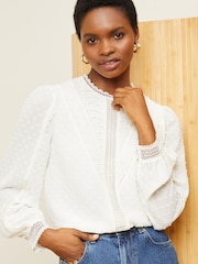 Love & Roses Ivory White High Neck Lace Trim Long Sleeve Blouse - Image 1 of 4