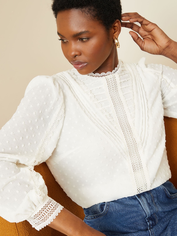 Love & Roses Ivory White High Neck Lace Trim Long Sleeve Blouse - Image 2 of 4 Love & Roses Ivory White High Neck Lace Trim Long Sleeve Blouse - Image 2 of 4