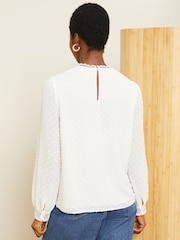 Love & Roses Ivory White High Neck Lace Trim Long Sleeve Blouse - Image 3 of 4