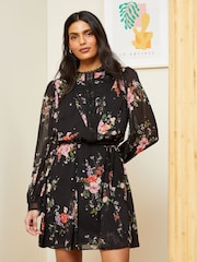 Love & Roses Black Floral Printed Pintuck Lace Detail Belted Mini Dress - Image 1 of 4