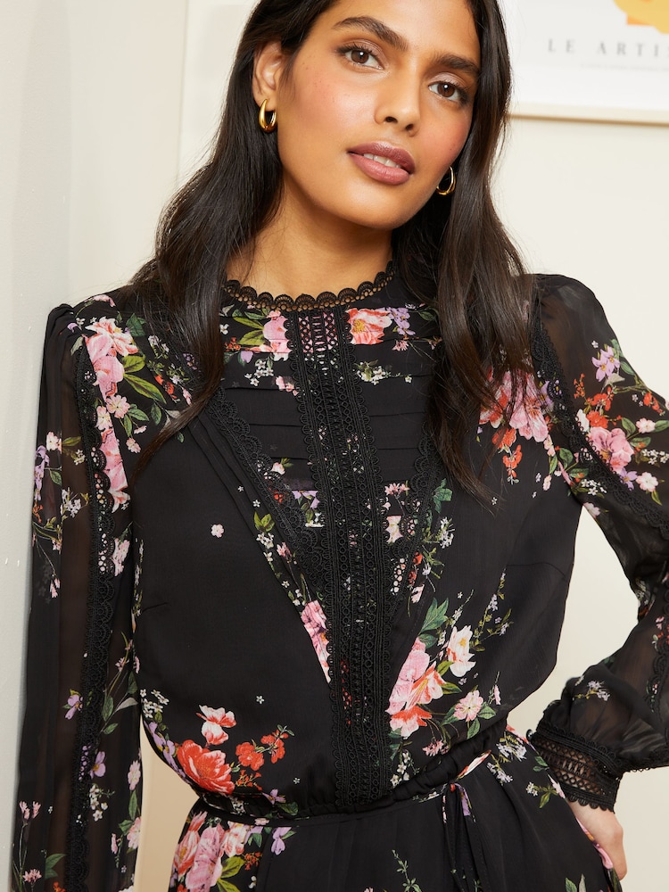 Love & Roses Black Floral Printed Pintuck Lace Detail Belted Mini Dress - Image 2 of 4