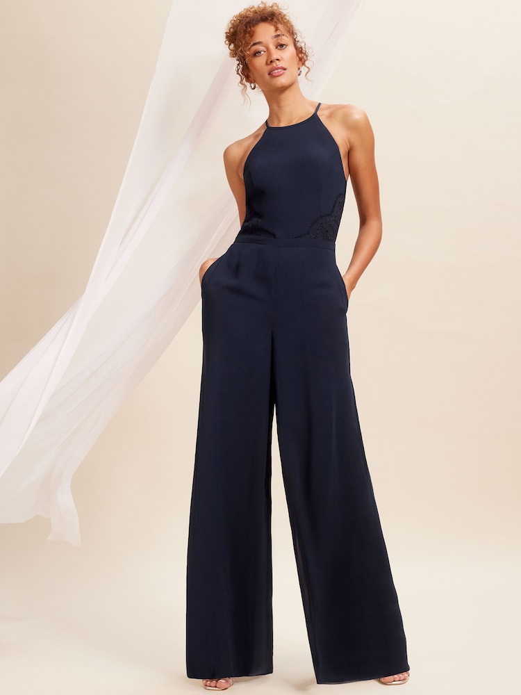Love & Roses Navy Blue Lace Insert Bridesmaid Wide Leg Jumpsuit - Image 1 of 4