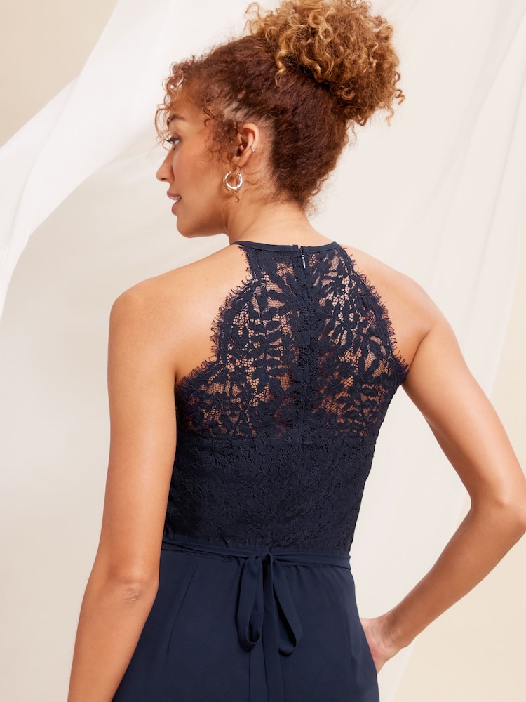 Love & Roses Navy Blue Lace Insert Bridesmaid Wide Leg Jumpsuit - Image 2 of 4