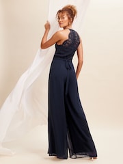 Love & Roses Navy Blue Lace Insert Bridesmaid Wide Leg Jumpsuit - Image 3 of 4