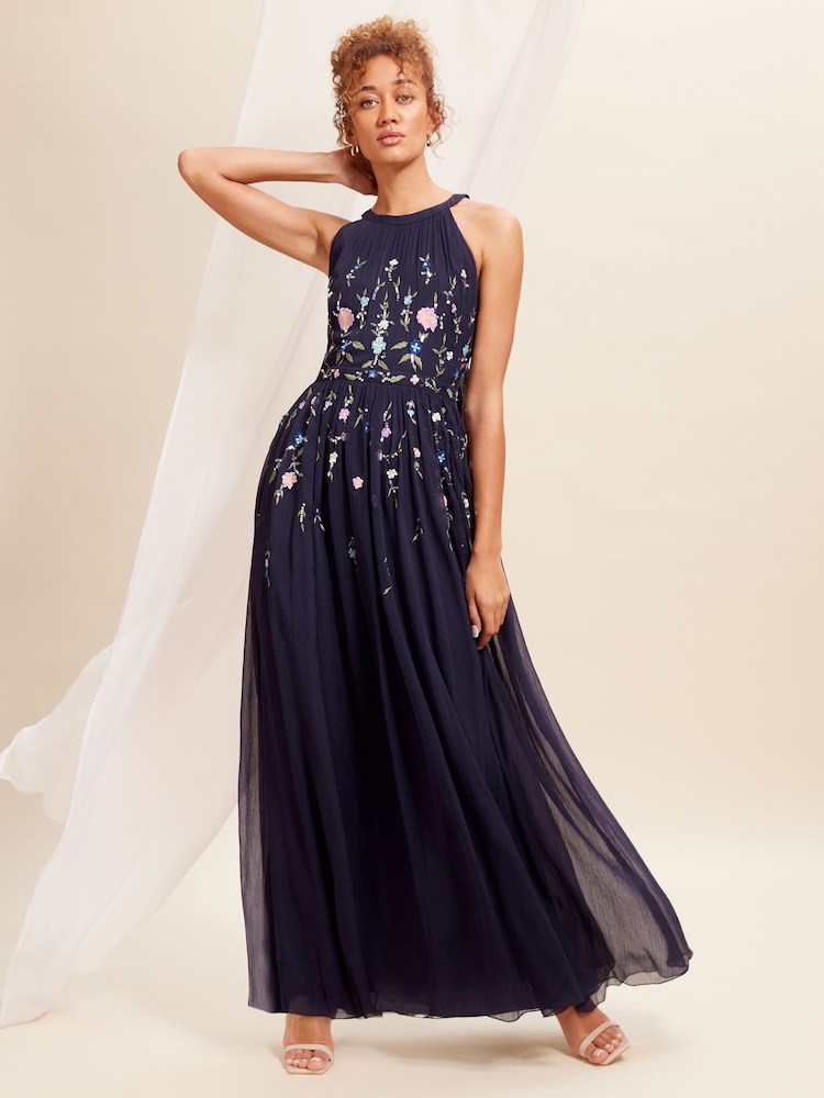 Love & Roses Navy Blue Embellished Chiffon Halter Maxi Dress - Image 1 of 4