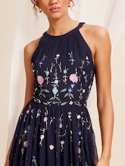 Love & Roses Navy Blue Embellished Chiffon Halter Maxi Dress - Image 2 of 4