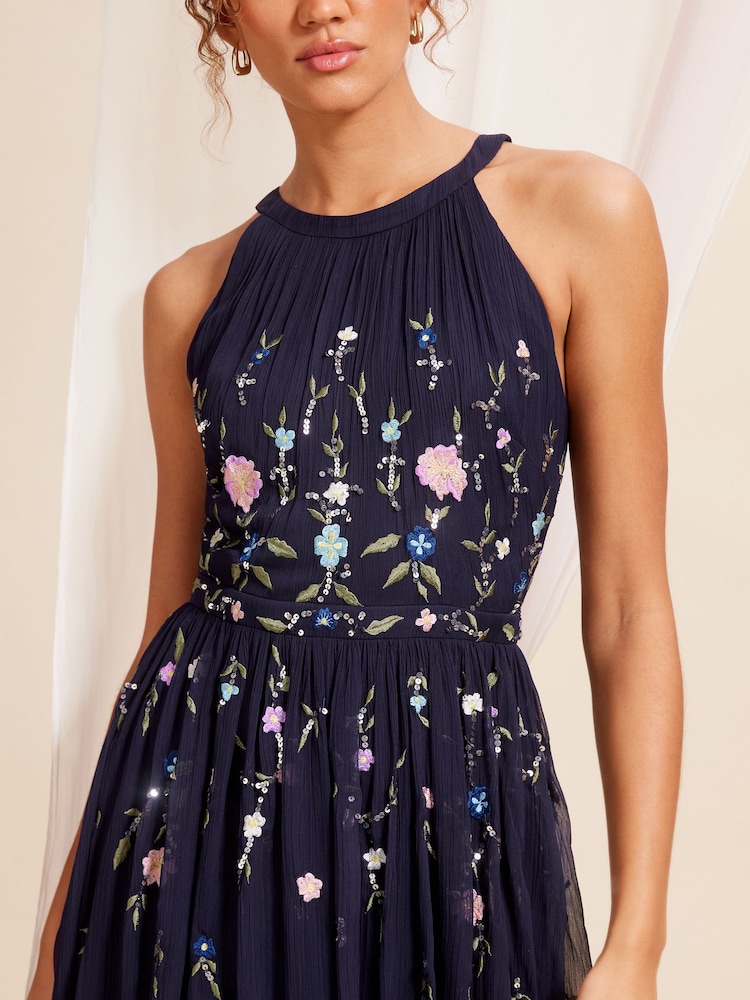 Love & Roses Navy Blue Embellished Chiffon Halter Maxi Dress - Image 2 of 4