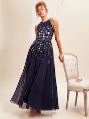 Love & Roses Navy Blue Embellished Chiffon Halter Maxi Dress - Image 3 of 4