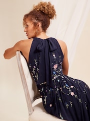 Love & Roses Navy Blue Embellished Chiffon Halter Maxi Dress - Image 4 of 4