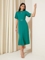 Friends Like These Blue Tulip Sleeve Belted Flute Hem Midi Dress - Image 1 of 4