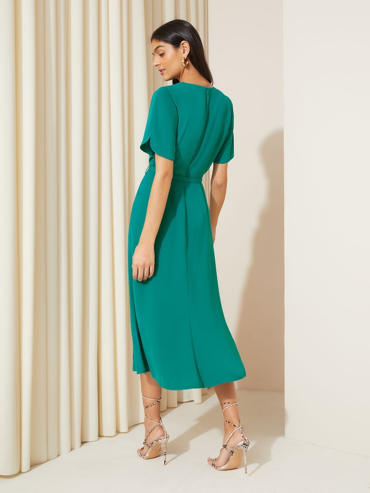 Friends Like These Blue Tulip Sleeve Belted Flute Hem Midi Dress - Image 4 of 4