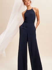 Love & Roses Navy Petite Lace Insert Bridesmaid Wide Leg Jumpsuit - Image 1 of 4