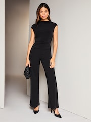 Lipsy Black Jersey Ruched Cap Sleeve Hybrid Wide Leg Jumpsuit - Image 1 of 4