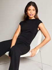 Lipsy Black Jersey Ruched Cap Sleeve Hybrid Wide Leg Jumpsuit - Image 2 of 4