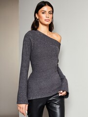 Lipsy Grey Cosy Rib Asymmetric Bardot Long Sleeve Top - Image 1 of 4