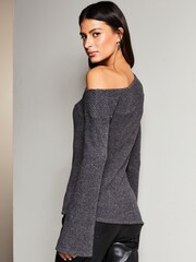 Lipsy Grey Cosy Rib Asymmetric Bardot Long Sleeve Top - Image 2 of 4