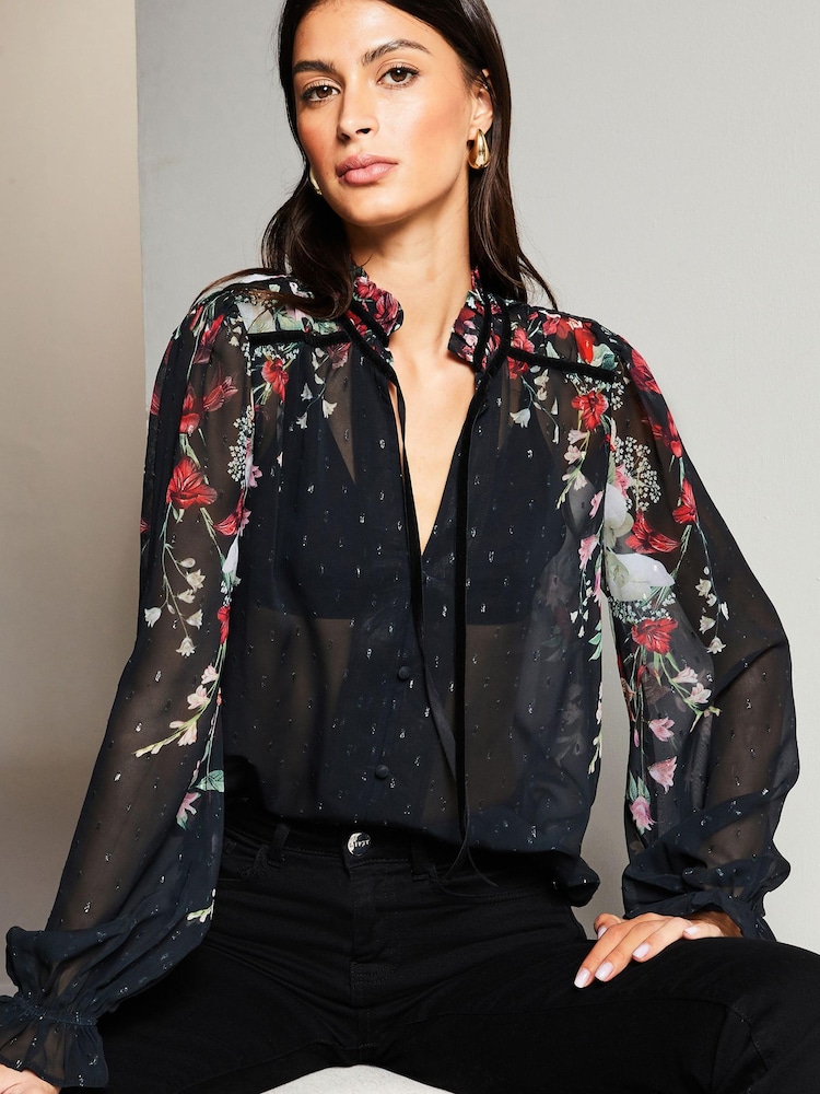أسود زهور - Lipsy Sheer Tie Neck Long Sleeve Blouse - صورة 1 من 4
