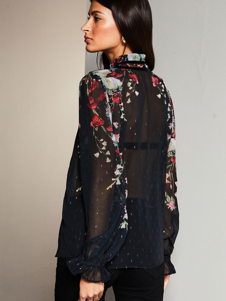أسود زهور - Lipsy Sheer Tie Neck Long Sleeve Blouse - صورة 2 من 4