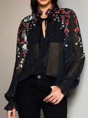 أسود زهور - Lipsy Sheer Tie Neck Long Sleeve Blouse - صورة 4 من 4