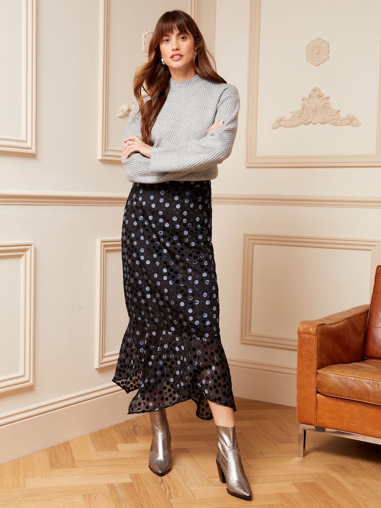 Love & Roses Black Flocked Devore Hanky Hem Velvet Midi Skirt - Image 1 of 4