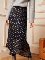 Love & Roses Black Flocked Devore Hanky Hem Velvet Midi Skirt - Image 2 of 4